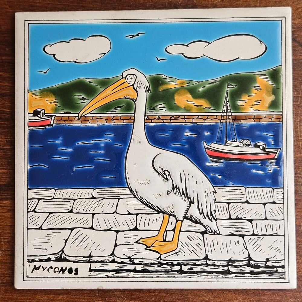 Vintage Handmade Greek Mykonos Pelican Ceramic Tile | 1970s Mediterranean Art